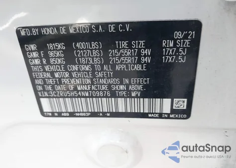 2022 Honda Hr-V 2Wd Ex from USA, damaged, VIN 3CZRU5H54NM709876